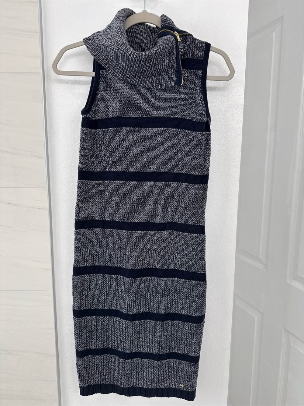 Tommy Hilfiger Navy and Gray Sleeveless Knit Midi Dress with Turtleneck